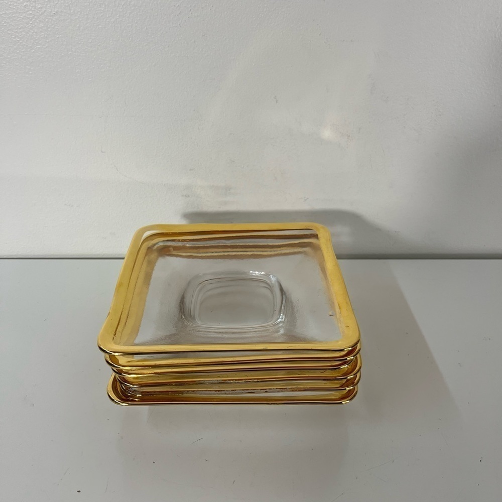 Set Of 6 Square Gold Rimmed 6” approx Plate Heavy Clear Glass